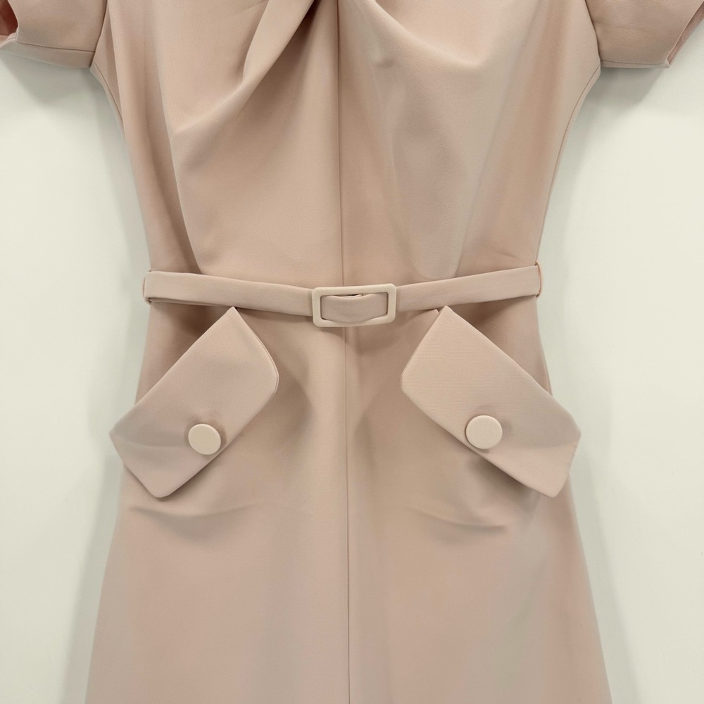 White Plan Helly Drap Pink A-Line Dress Belted Pocket Twist Front Size S - Picture 7 of 13